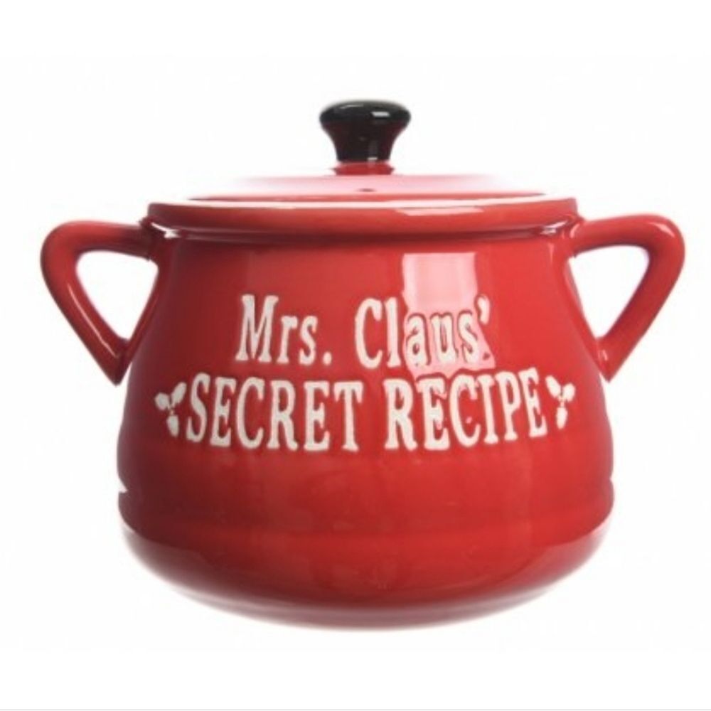Mrs Claus Secret Recipe Covered Pot Red and White